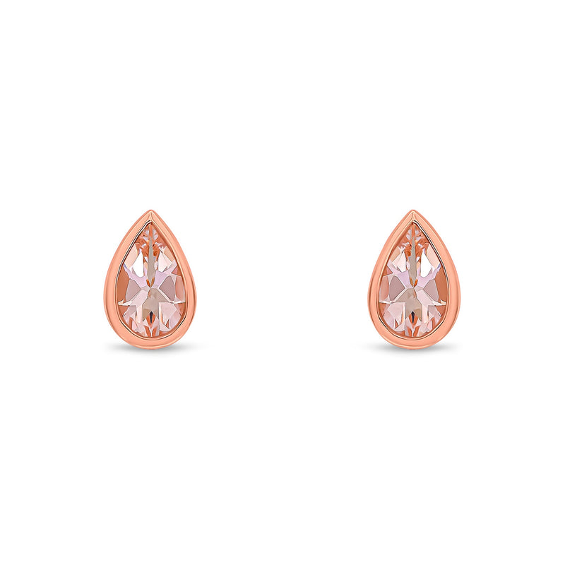9ct Rose Gold Pear Shaped Natural Morganite Rubover Stud Earrings — 5x3mm