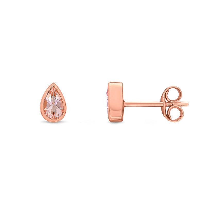 9ct Rose Gold Pear Shaped Natural Morganite Rubover Stud Earrings — 5x3mm