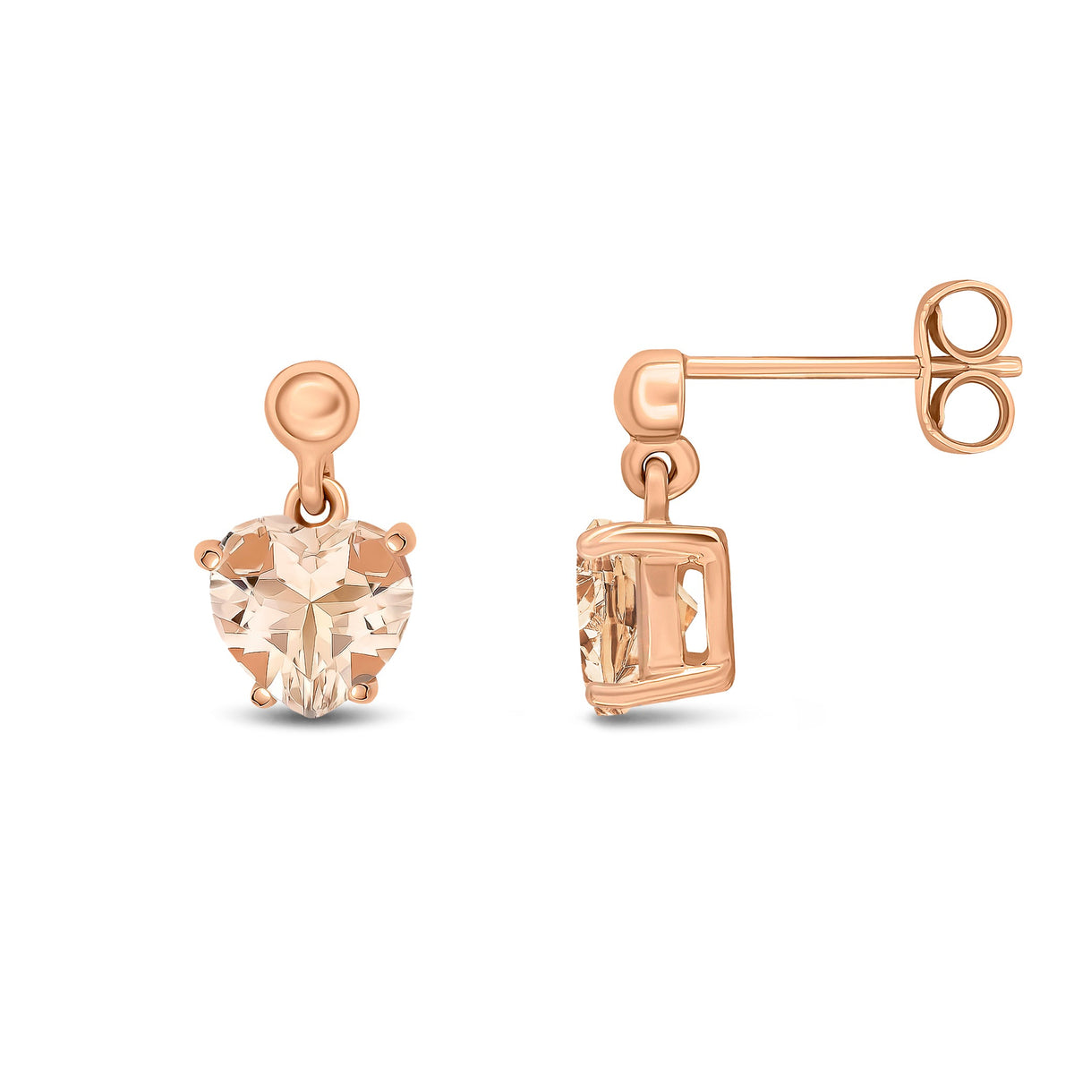 9ct Rose Gold Heart Shaped Natural Morganite Claw Drop Earrings with Bead Top — 6mm