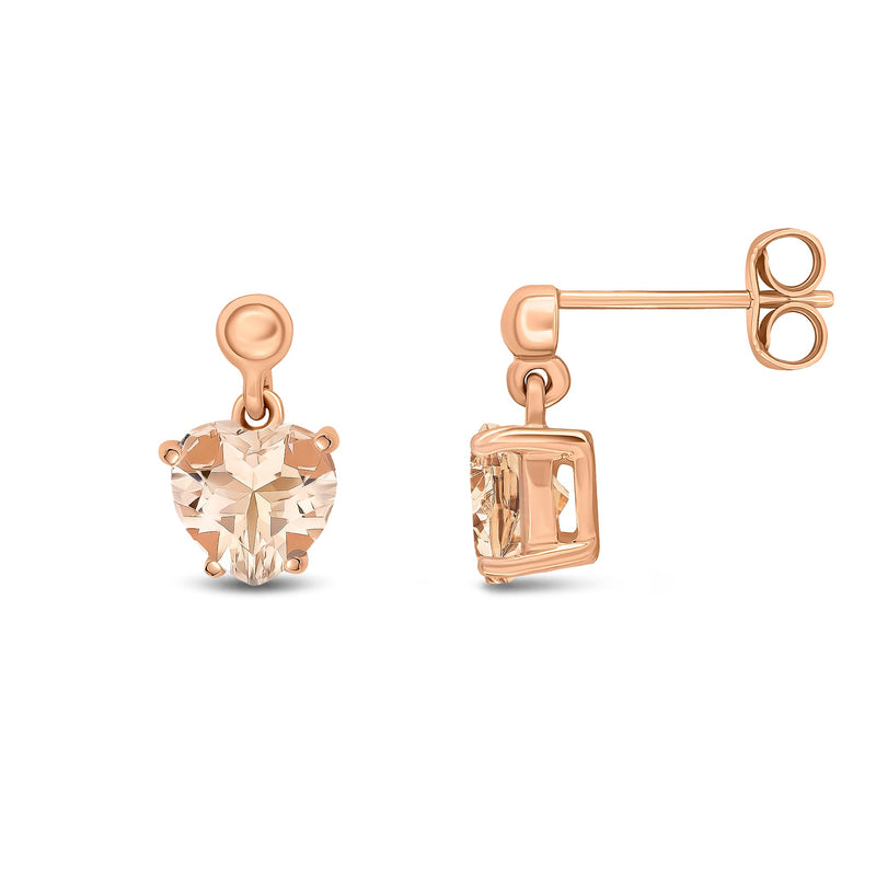 9ct Rose Gold Heart Shaped Natural Morganite Claw Drop Earrings with Bead Top — 6mm