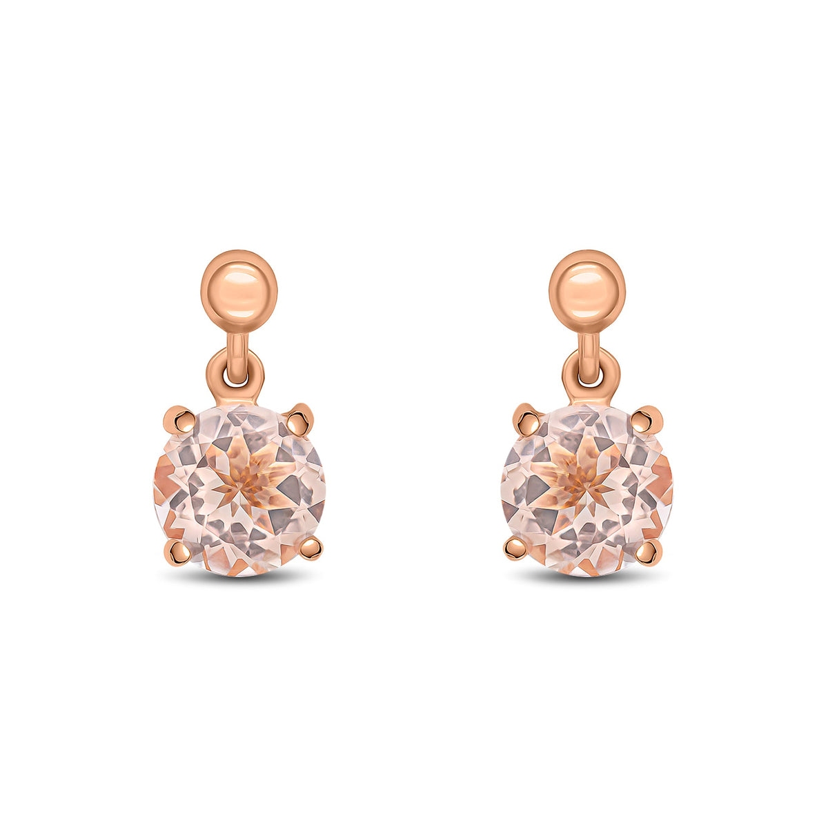 9ct Rose Gold Round Natural Morganite Claw Drop Earrings with Bead Top — 6mm