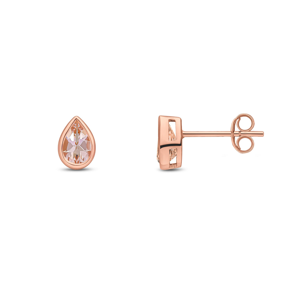 9ct Rose Gold Pear Shaped Natural Morganite Rubover Stud Earrings — 6x4mm