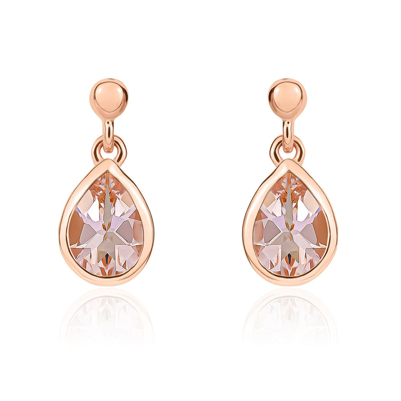 9ct Rose Gold Pear Shaped Natural Morganite Rubover Drop Earrings with 2.5mm Bead Top — 6x4mm