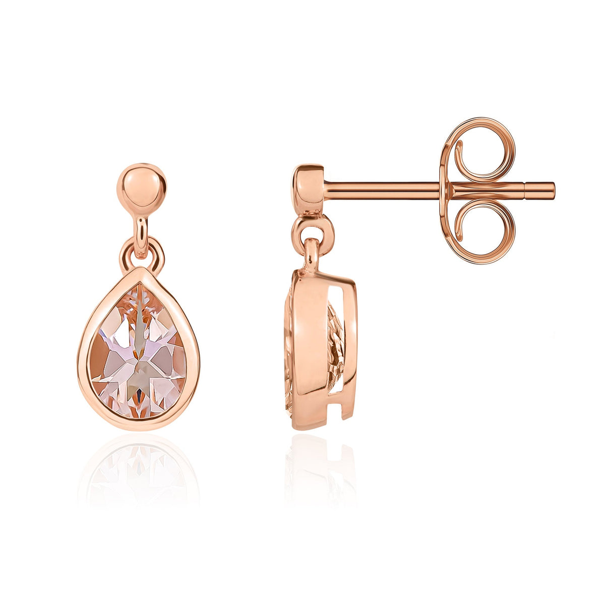 9ct Rose Gold Pear Shaped Natural Morganite Rubover Drop Earrings with 2.5mm Bead Top — 6x4mm