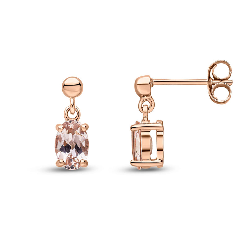 9ct Rose Gold Oval Natural Morganite Claw Drop Earrings with Bead Top — 6x4mm