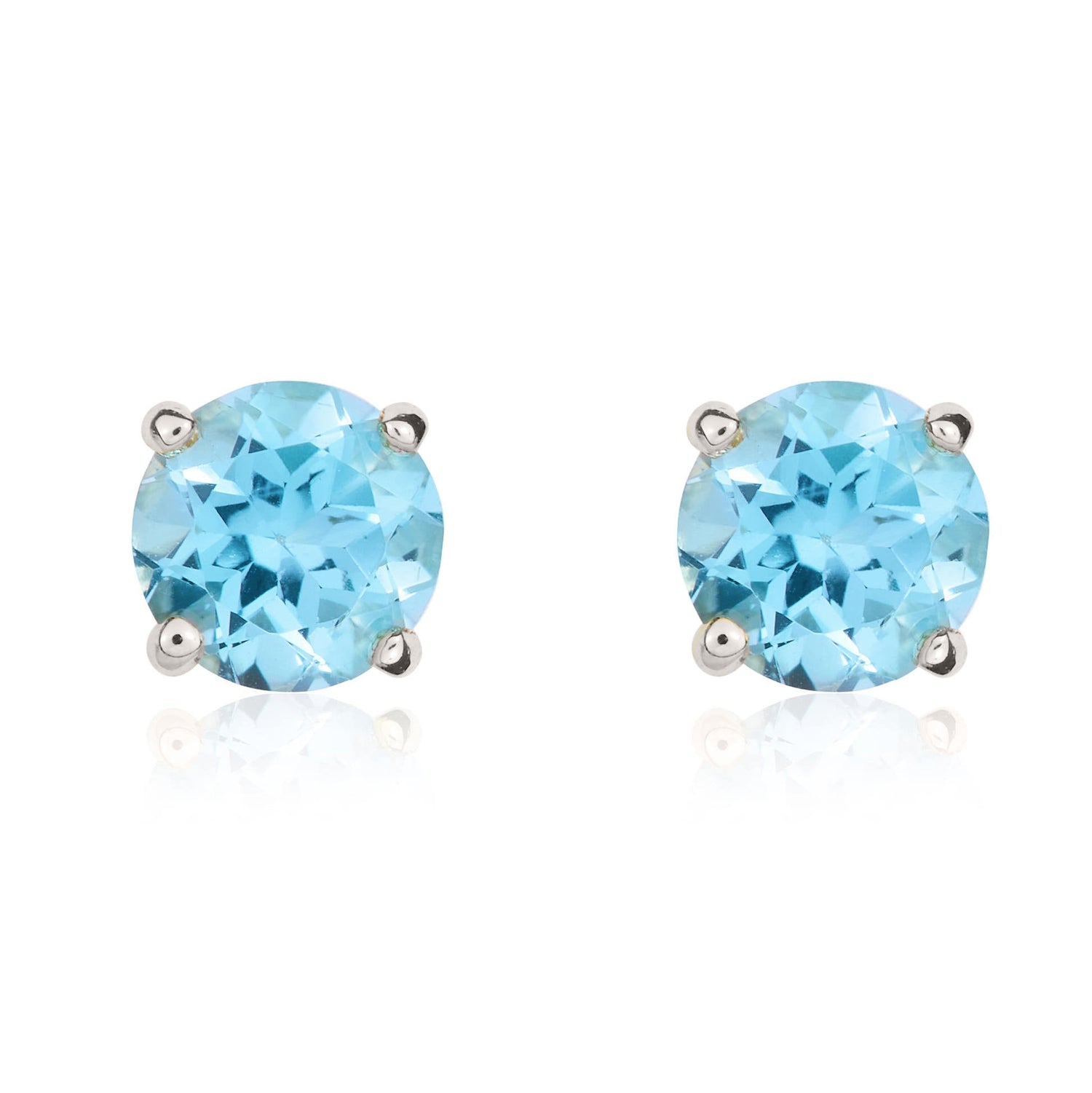 9ct White Gold Round Natural Swiss Blue Topaz Claw Set Stud Earrings — 5mm