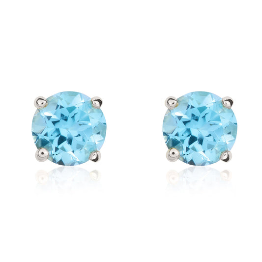 9ct White Gold Round Natural Swiss Blue Topaz Claw Set Stud Earrings — 5mm