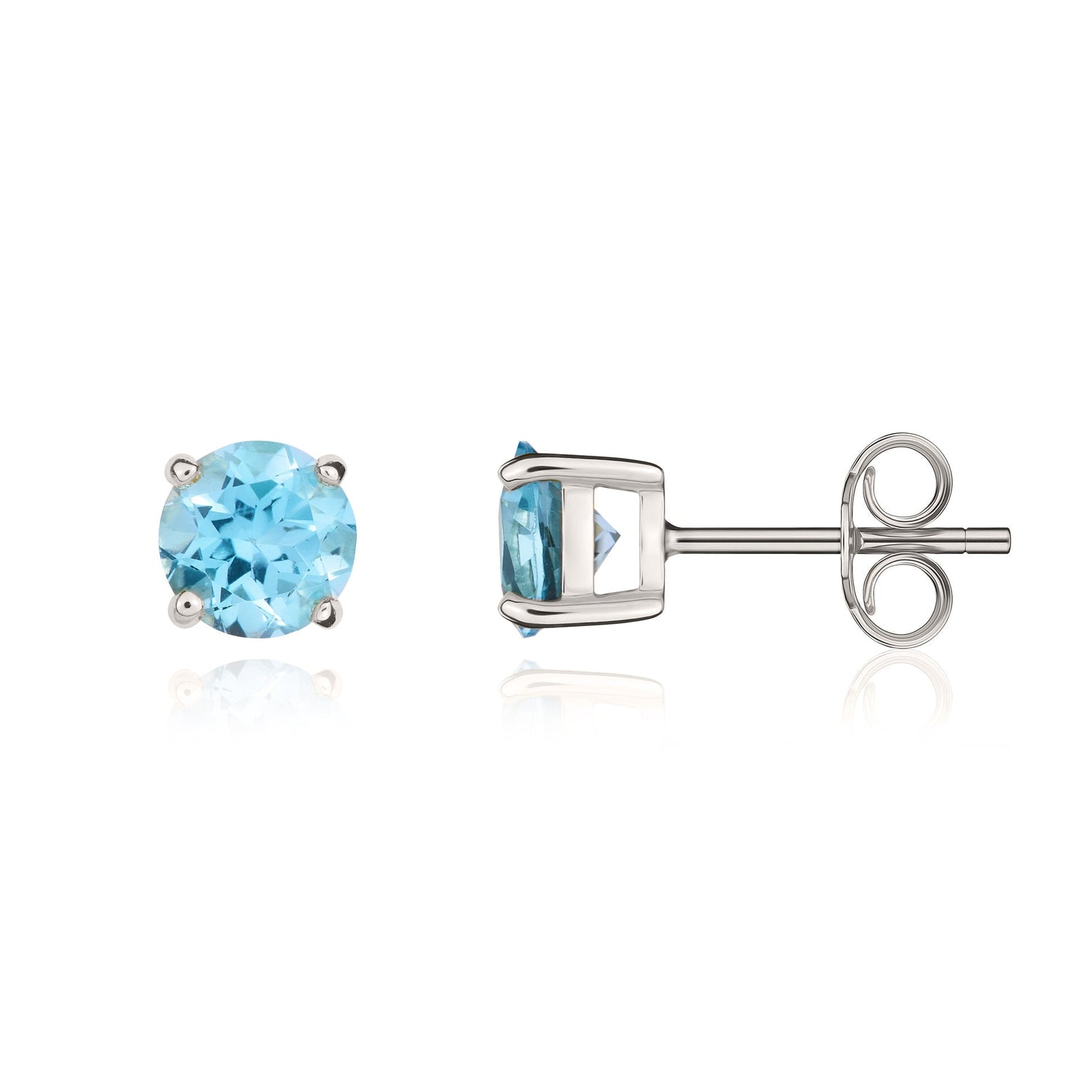 9ct White Gold Round Natural Swiss Blue Topaz Claw Set Stud Earrings — 5mm