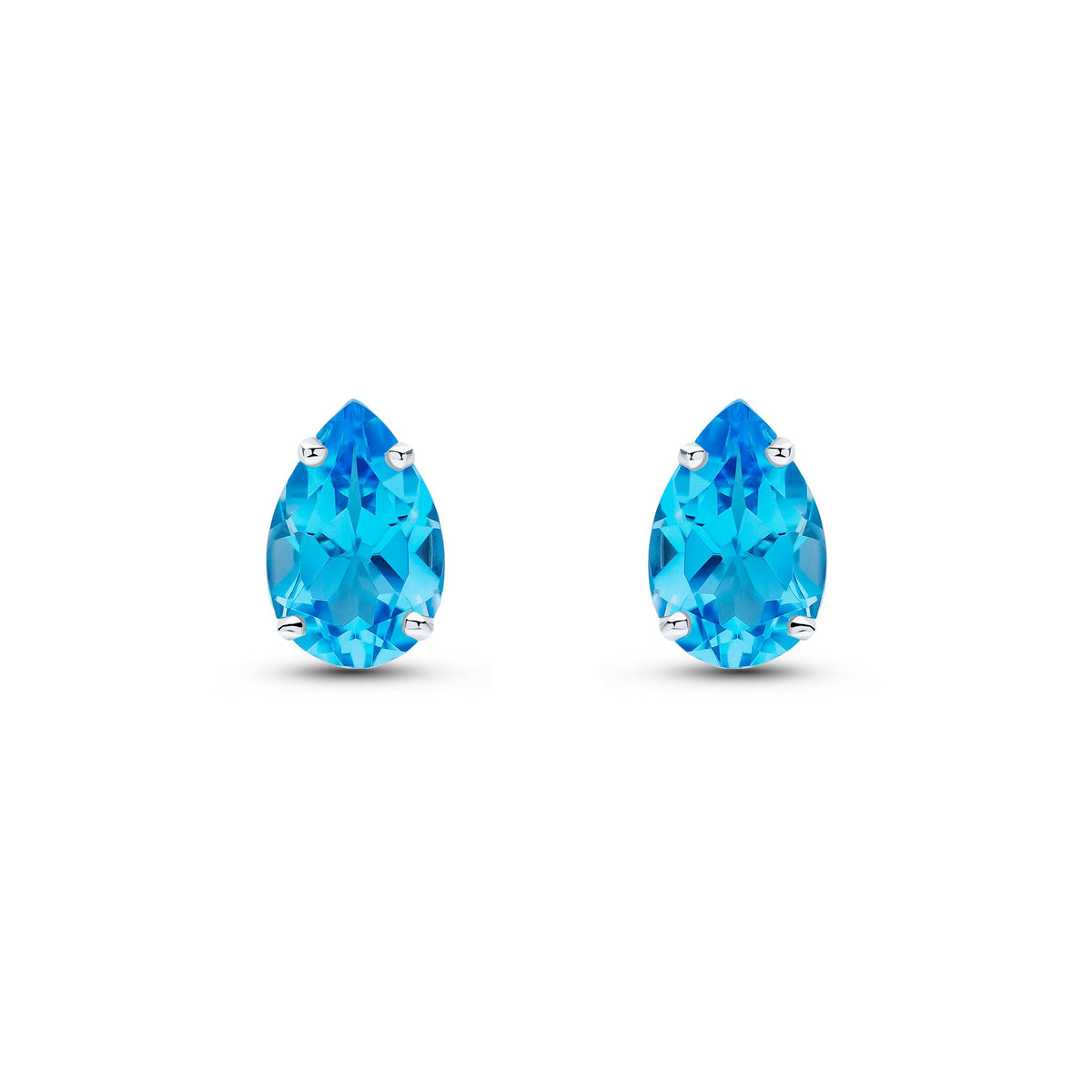 9ct White Gold Pear Shaped Natural Swiss Blue Topaz Claw Stud Earrings — 9x6mm
