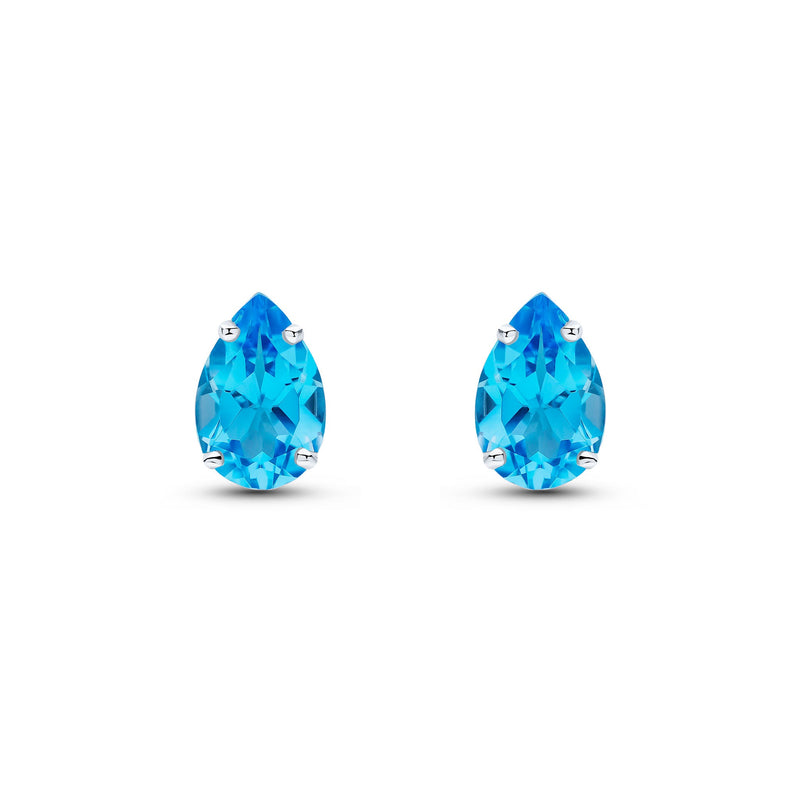 9ct White Gold Pear Shaped Natural Swiss Blue Topaz Claw Stud Earrings — 9x6mm