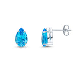 9ct White Gold Pear Shaped Natural Swiss Blue Topaz Claw Stud Earrings — 9x6mm
