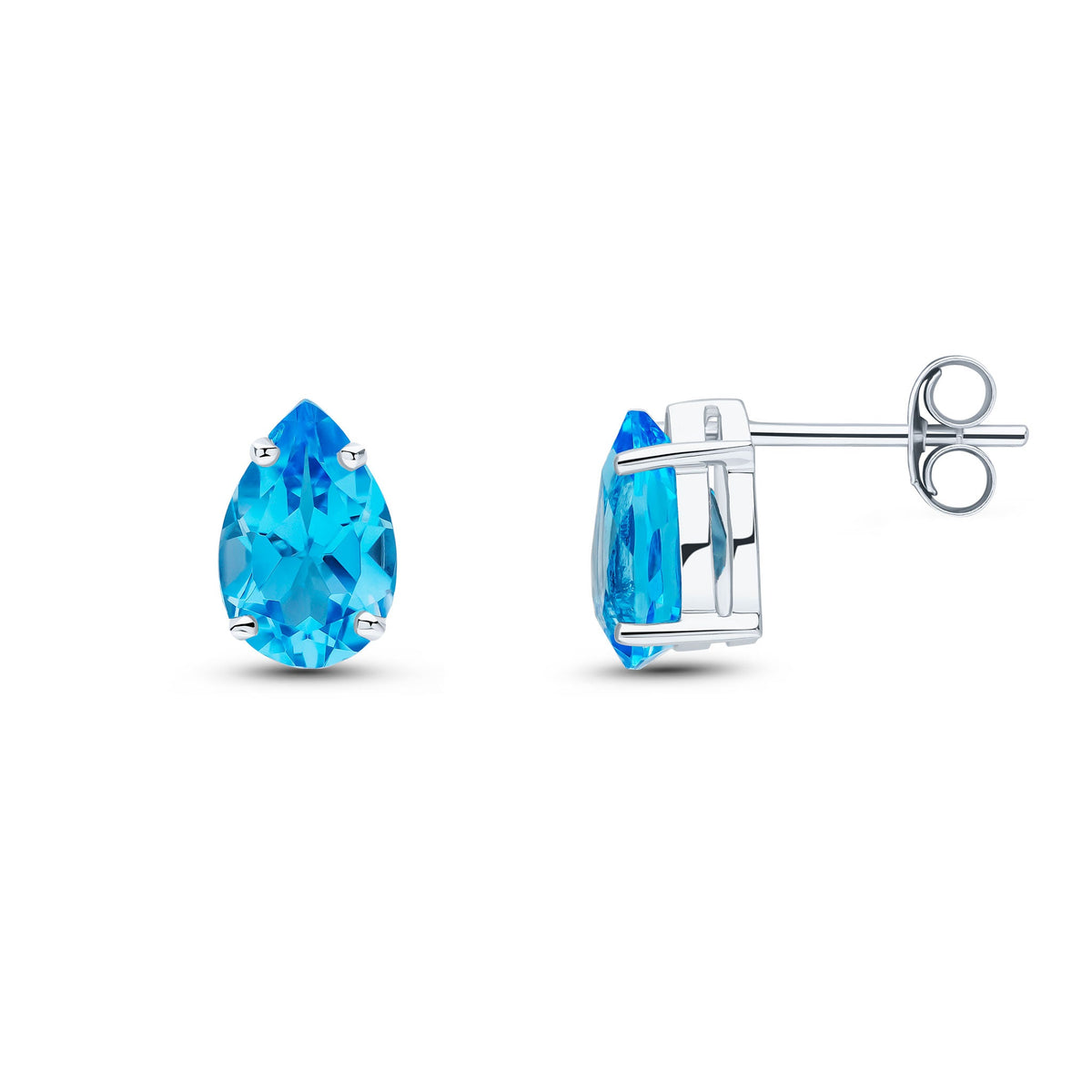 9ct White Gold Pear Shaped Natural Swiss Blue Topaz Claw Stud Earrings — 9x6mm