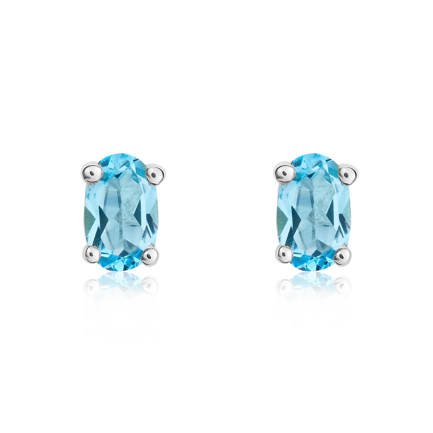 9ct White Gold Oval Natural Swiss Blue Topaz Claw Set Earrings — 6x4mm