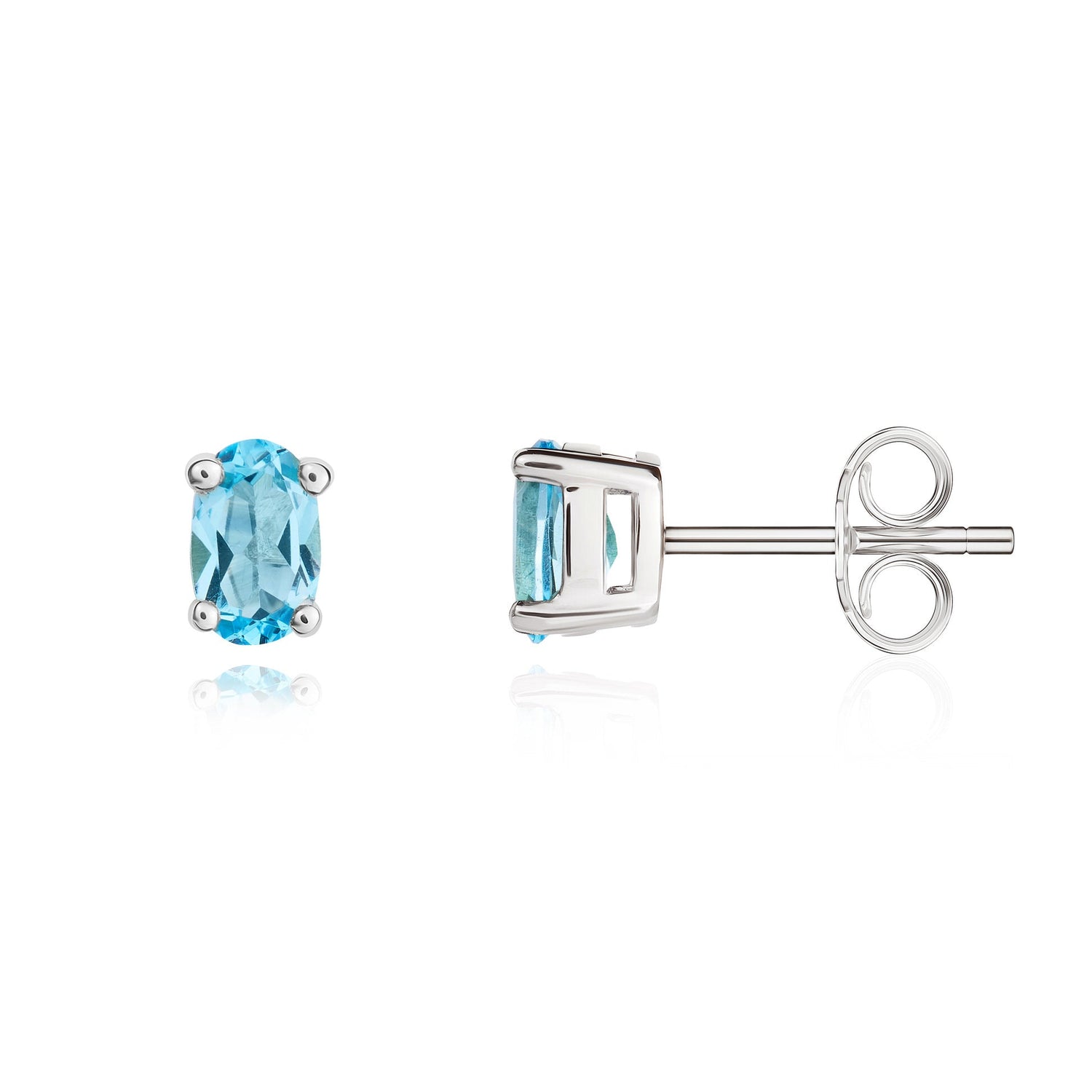 9ct White Gold Oval Natural Swiss Blue Topaz Claw Set Earrings — 6x4mm