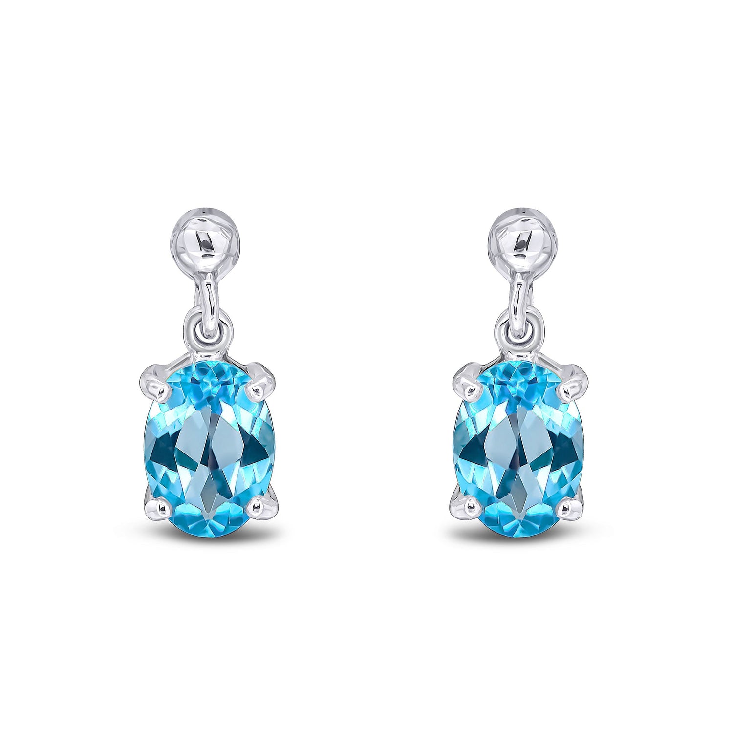 9ct White Gold Oval Natural Swiss Blue Topaz Claw Drop Earrings — 7x5mm