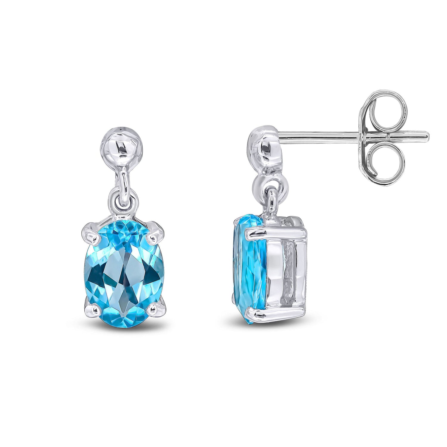 9ct White Gold Oval Natural Swiss Blue Topaz Claw Drop Earrings — 7x5mm
