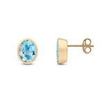 9ct Yellow Gold Oval Natural Swiss Blue Topaz Rubover Stud Earrings — 8x6mm