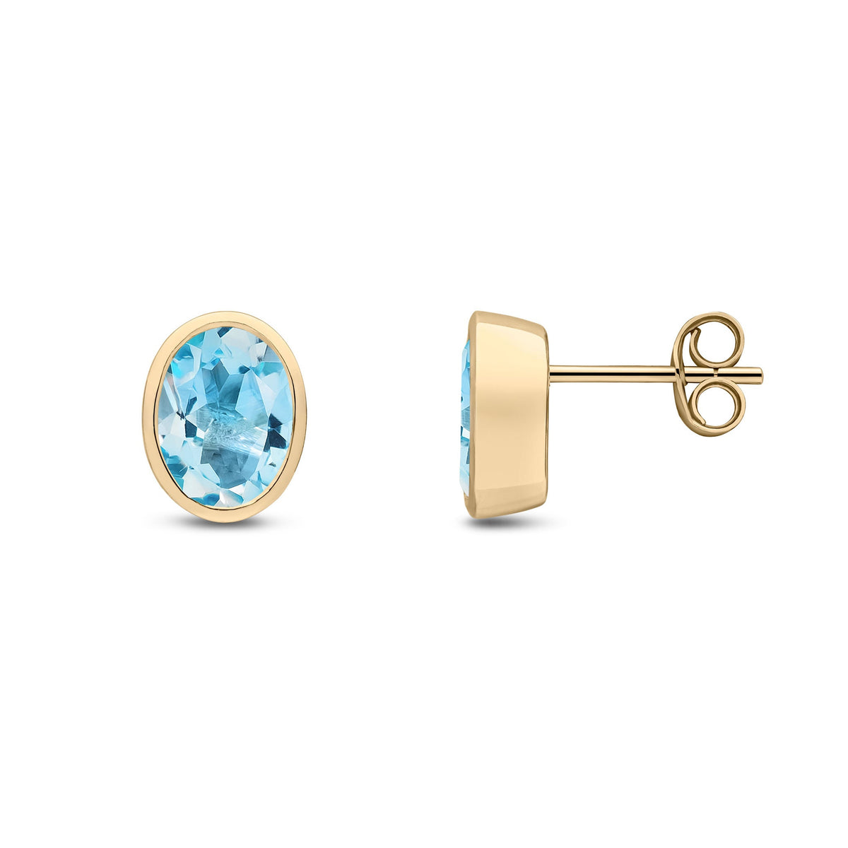 9ct Yellow Gold Oval Natural Swiss Blue Topaz Rubover Stud Earrings — 8x6mm