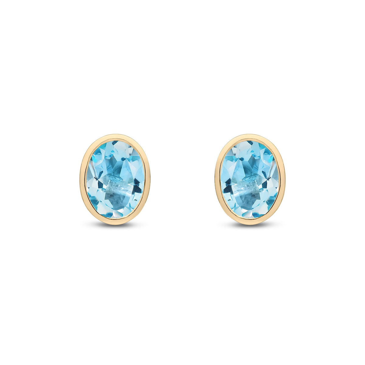 9ct Yellow Gold Oval Natural Swiss Blue Topaz Rubover Stud Earrings — 8x6mm