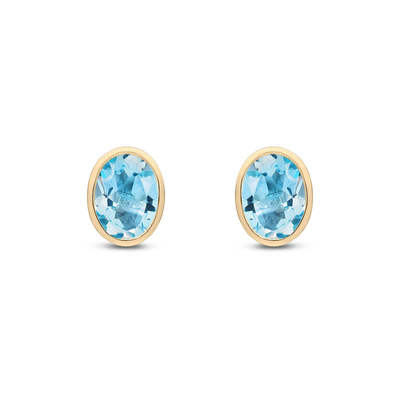 9ct Yellow Gold Oval Natural Swiss Blue Topaz Rubover Stud Earrings — 8x6mm