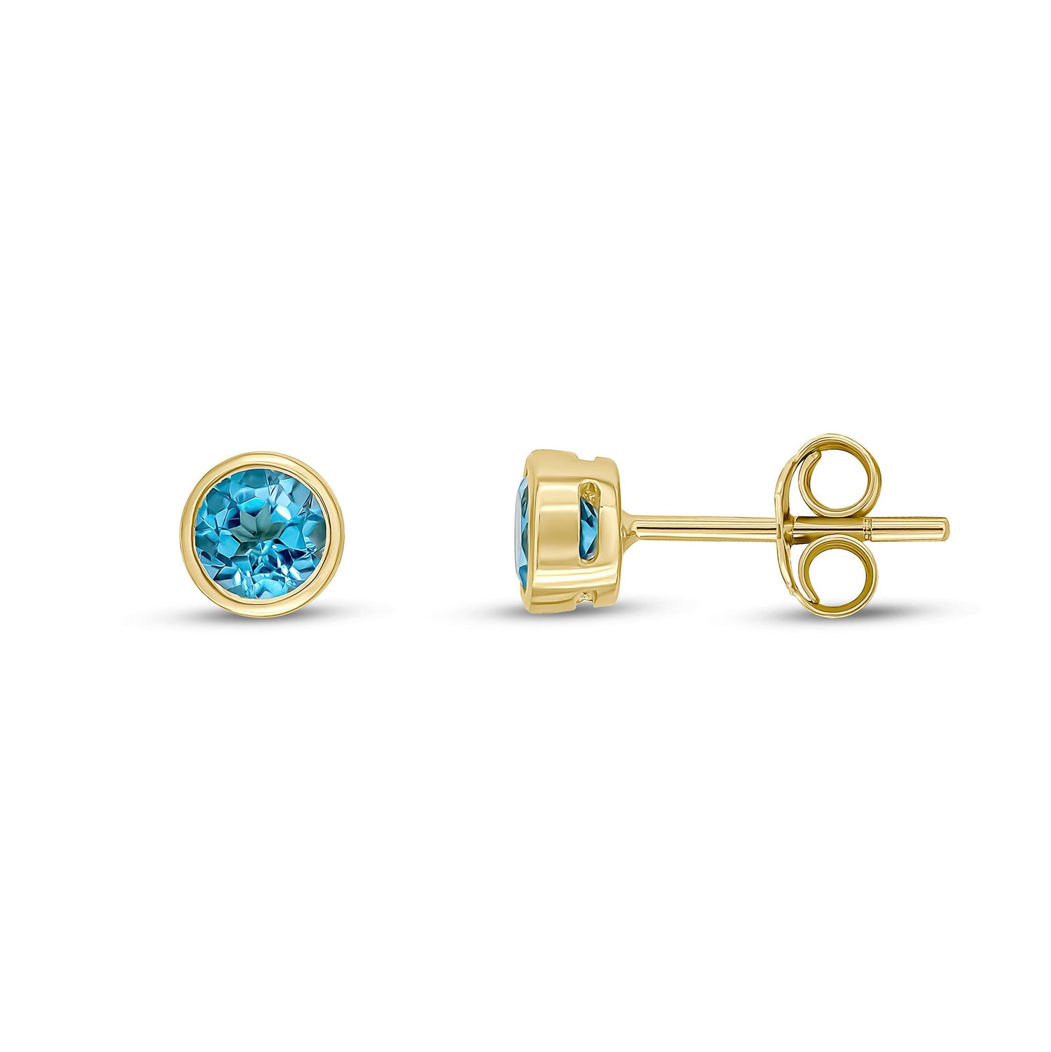 9ct Yellow Gold Round Natural Swiss Blue Topaz Rubover Stud Earrings — 4mm