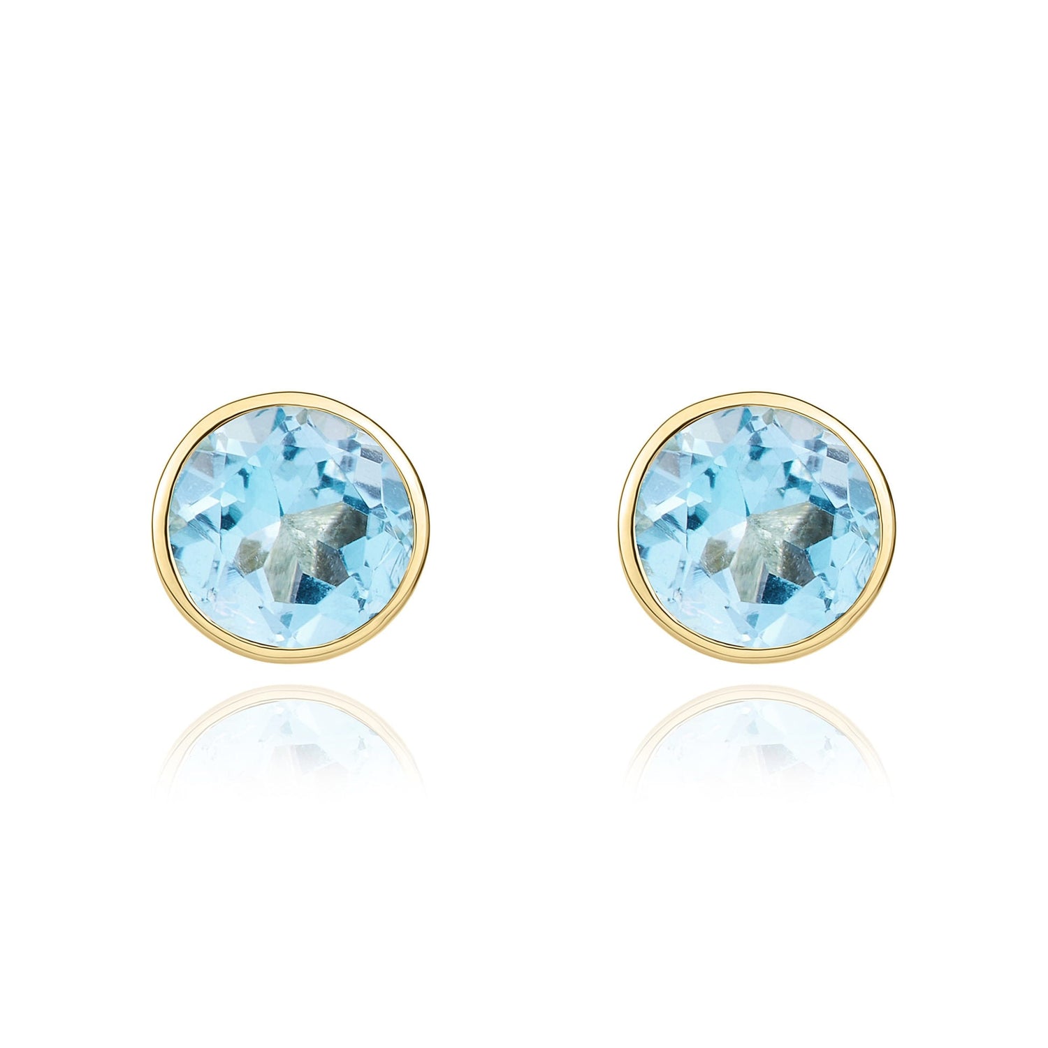 9ct Yellow Gold Round Natural Swiss Blue Topaz Rubover Stud Earrings — 5mm
