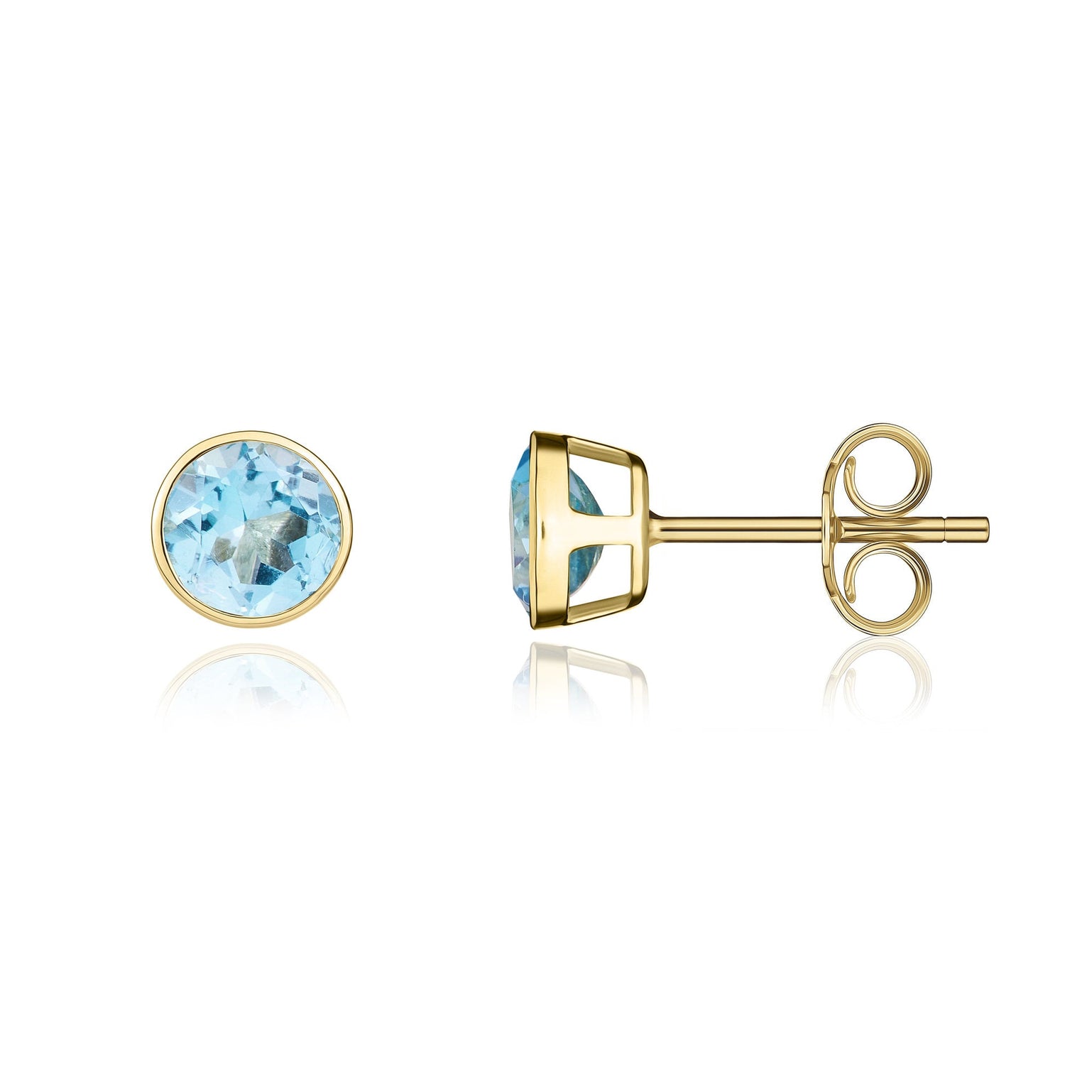 9ct Yellow Gold Round Natural Swiss Blue Topaz Rubover Stud Earrings — 5mm