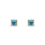 9ct Yellow Gold Square Natural Swiss Blue Topaz Rubover Stud Earrings — 4mm