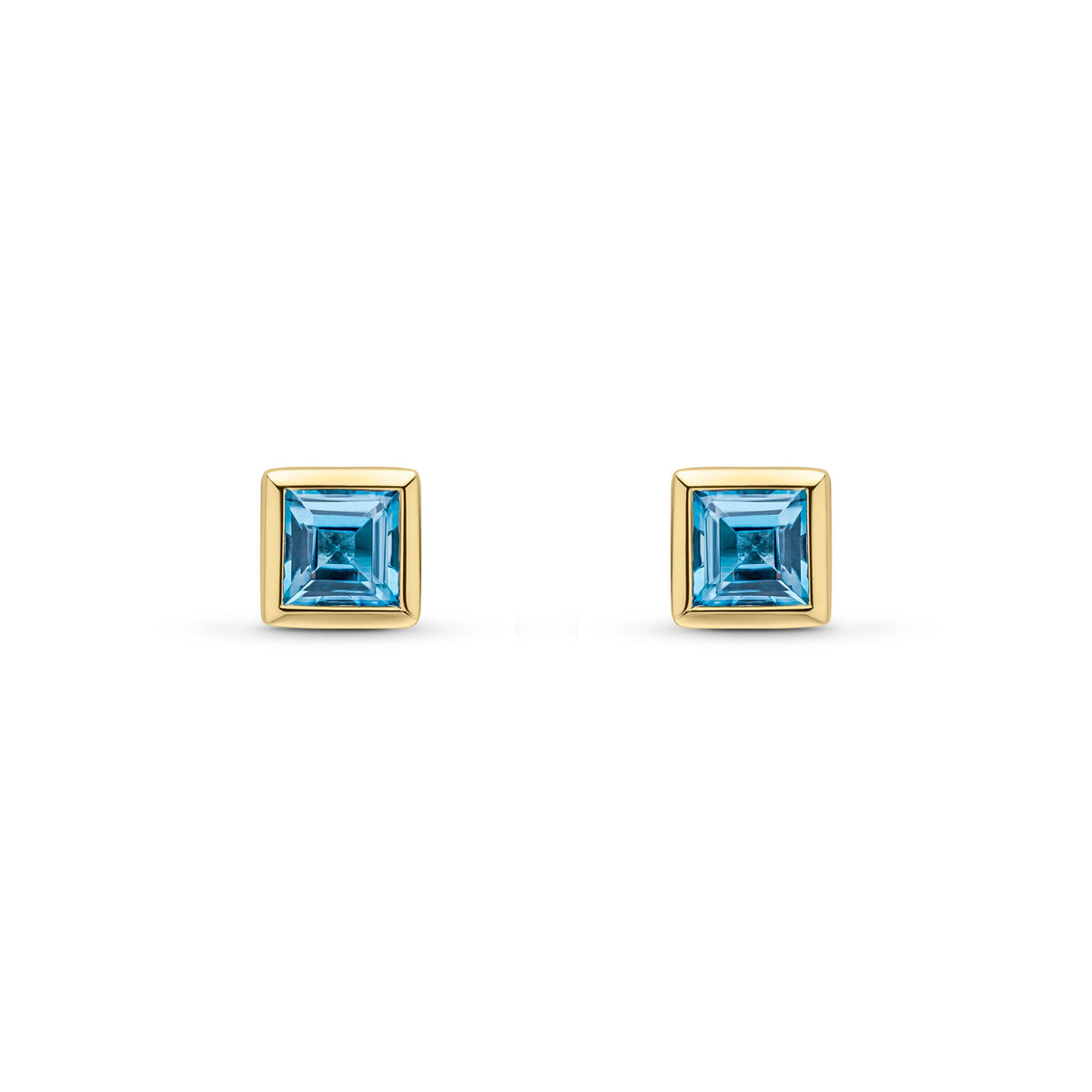 9ct Yellow Gold Square Natural Swiss Blue Topaz Rubover Stud Earrings — 4mm