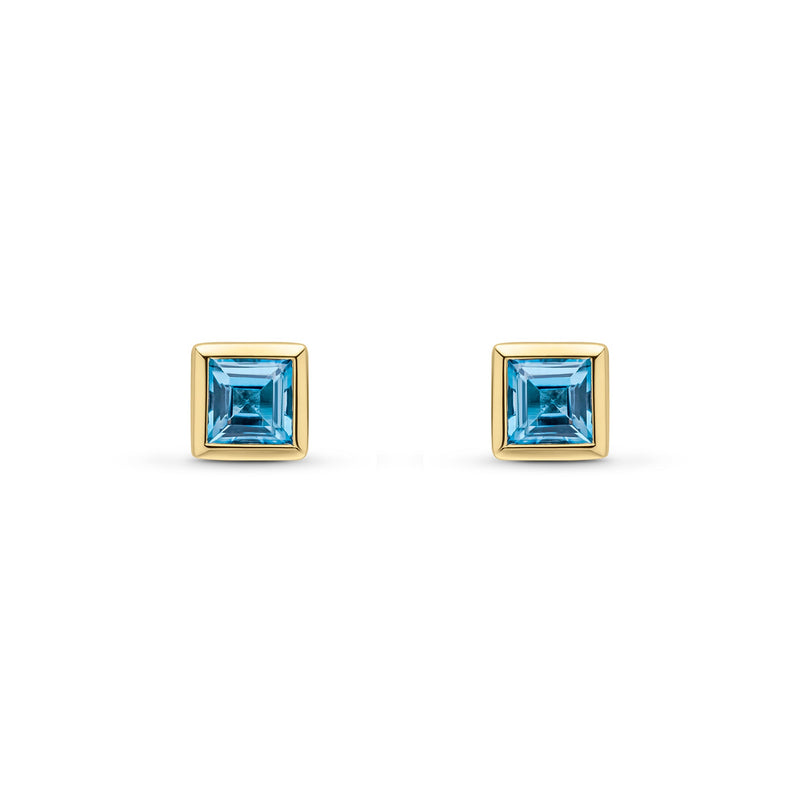 9ct Yellow Gold Square Natural Swiss Blue Topaz Rubover Stud Earrings — 4mm