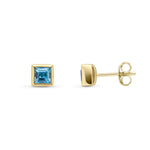 9ct Yellow Gold Square Natural Swiss Blue Topaz Rubover Stud Earrings — 4mm
