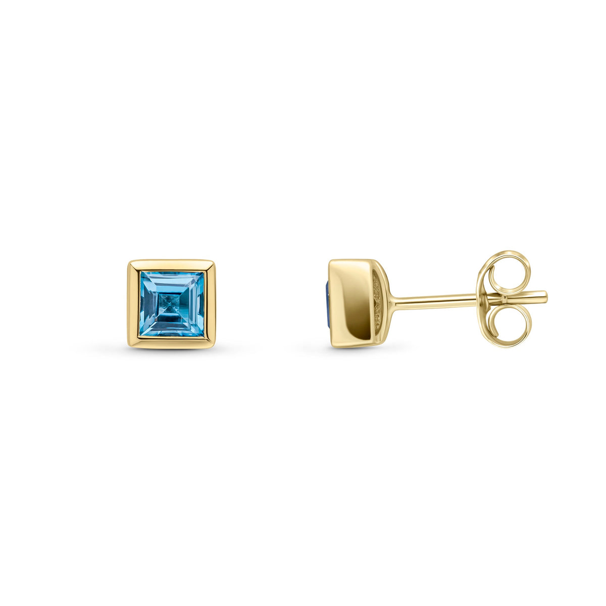 9ct Yellow Gold Square Natural Swiss Blue Topaz Rubover Stud Earrings — 4mm