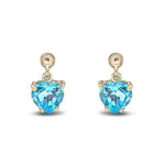 9ct Yellow Gold Heart Shaped Natural Swiss Blue Topaz Claw Drop Earrings with Bead Top — 6mm