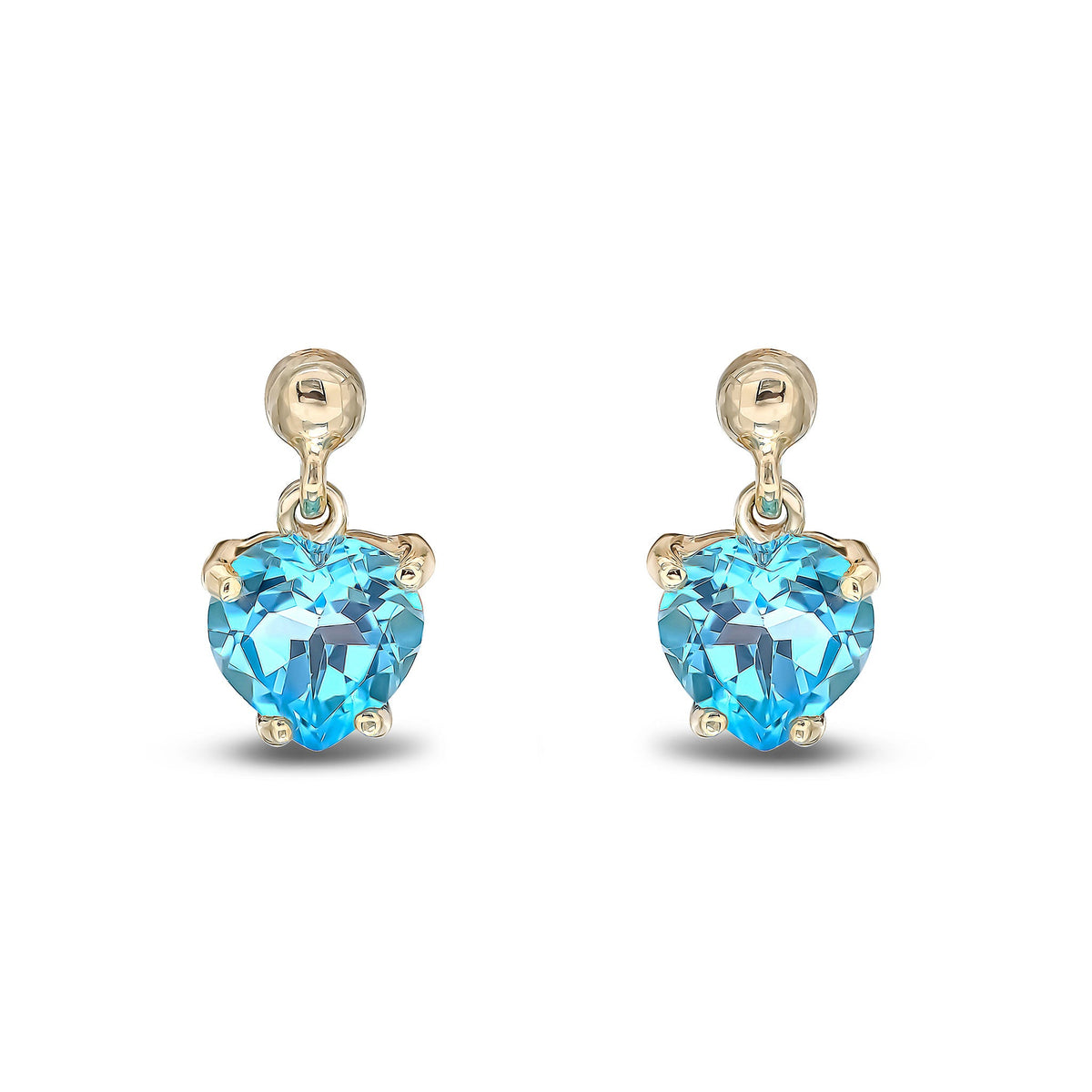 9ct Yellow Gold Heart Shaped Natural Swiss Blue Topaz Claw Drop Earrings with Bead Top — 6mm