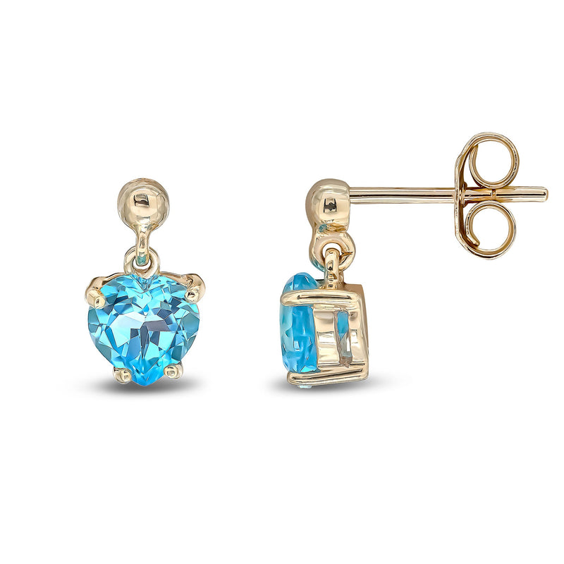 9ct Yellow Gold Heart Shaped Natural Swiss Blue Topaz Claw Drop Earrings with Bead Top — 6mm