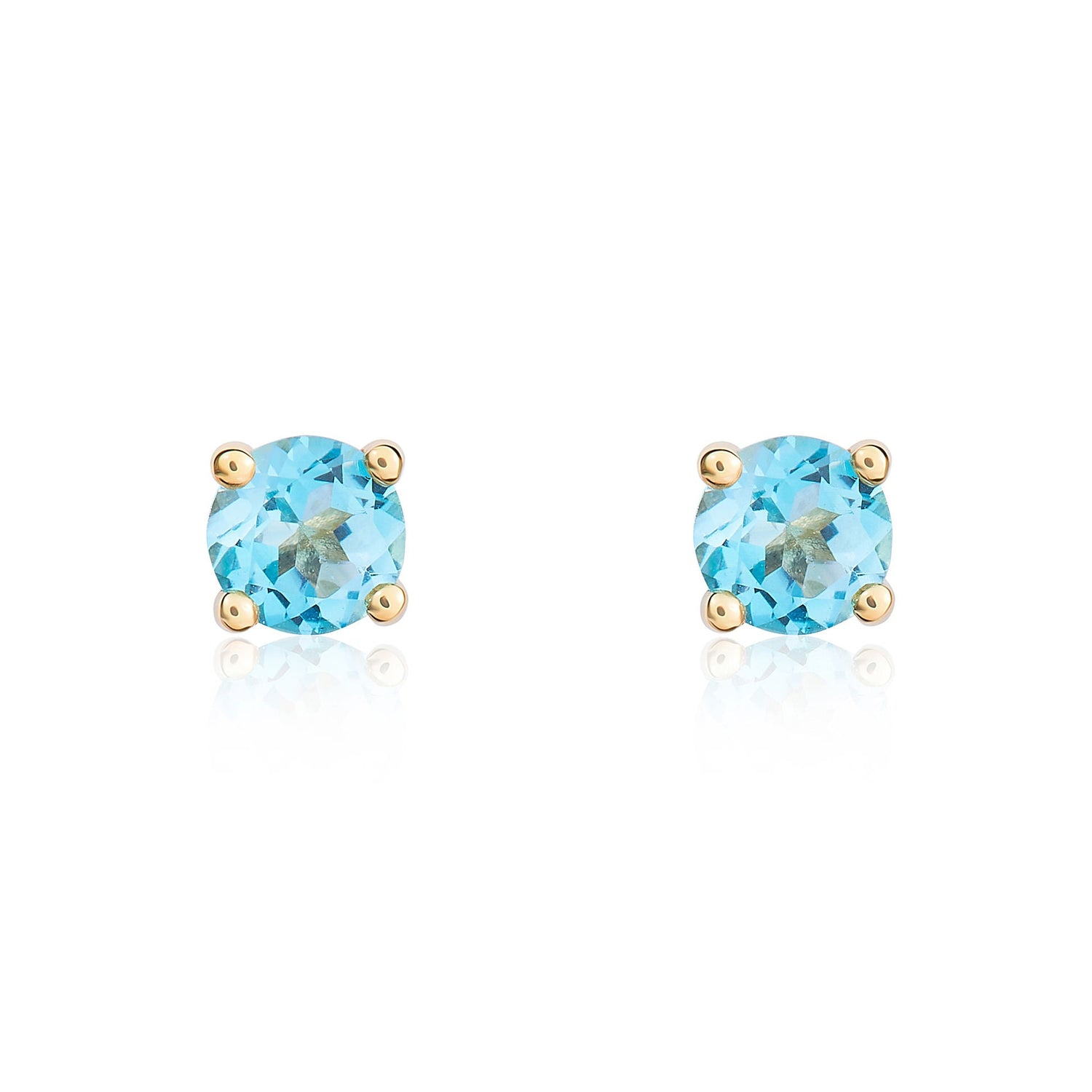 9ct Yellow Gold Round Natural Swiss Blue Topaz Four Claw Stud Earrings — 4mm