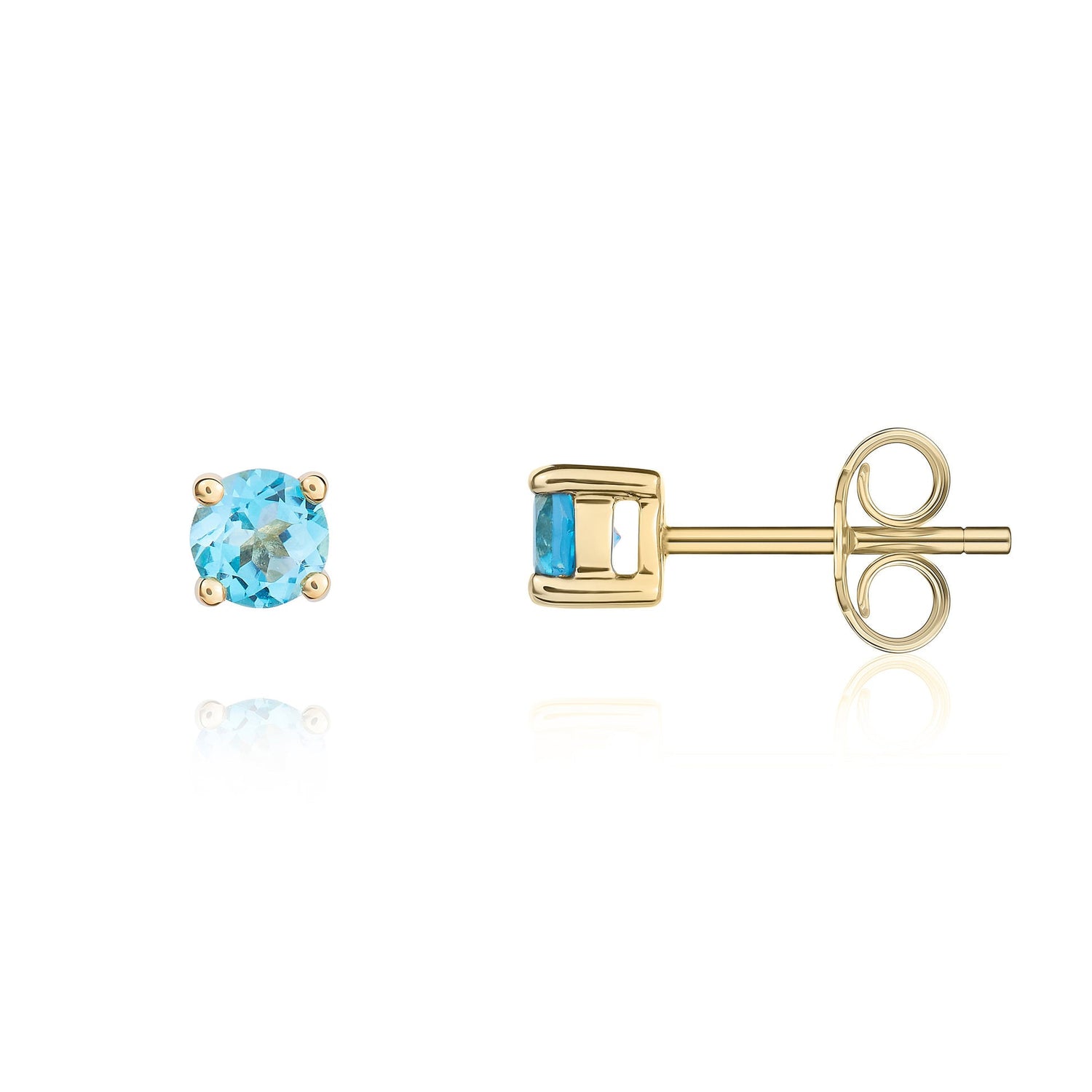 9ct Yellow Gold Round Natural Swiss Blue Topaz Four Claw Stud Earrings — 4mm