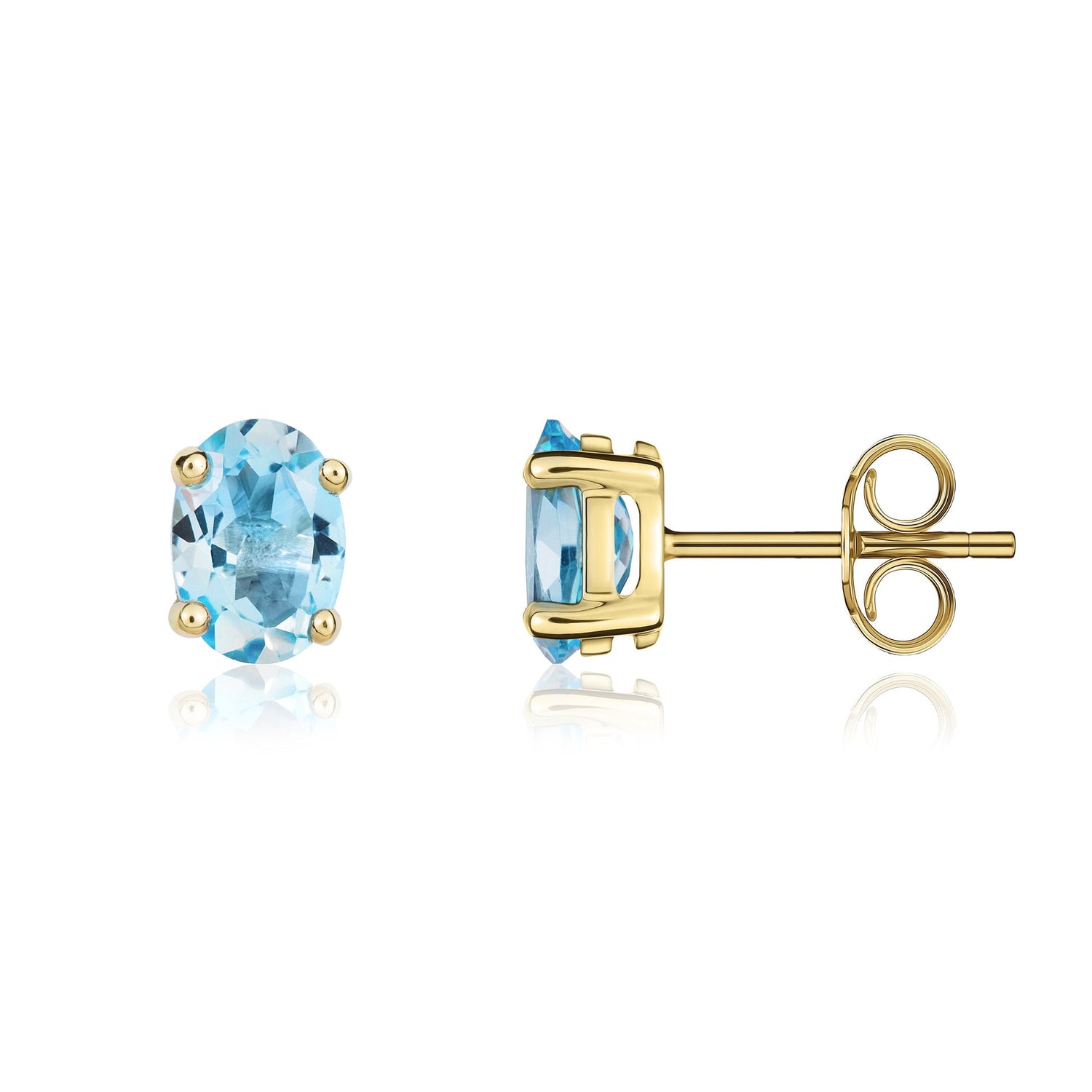 9ct Yellow Gold Oval Natural Swiss Blue Topaz Claw Set Stud Earrings — 7x5mm