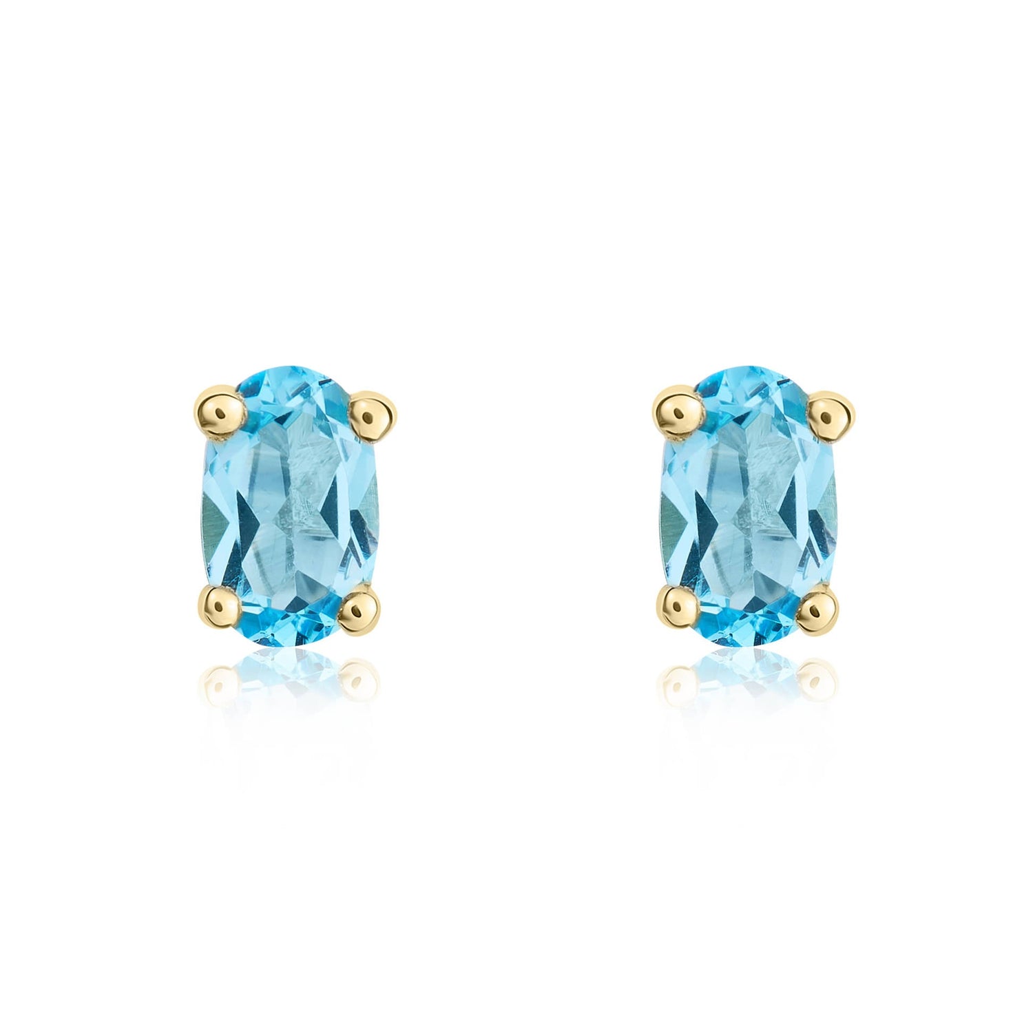 9ct Yellow Gold Oval Natural Swiss Blue Topaz Claw Set Stud Earrings — 6x4mm