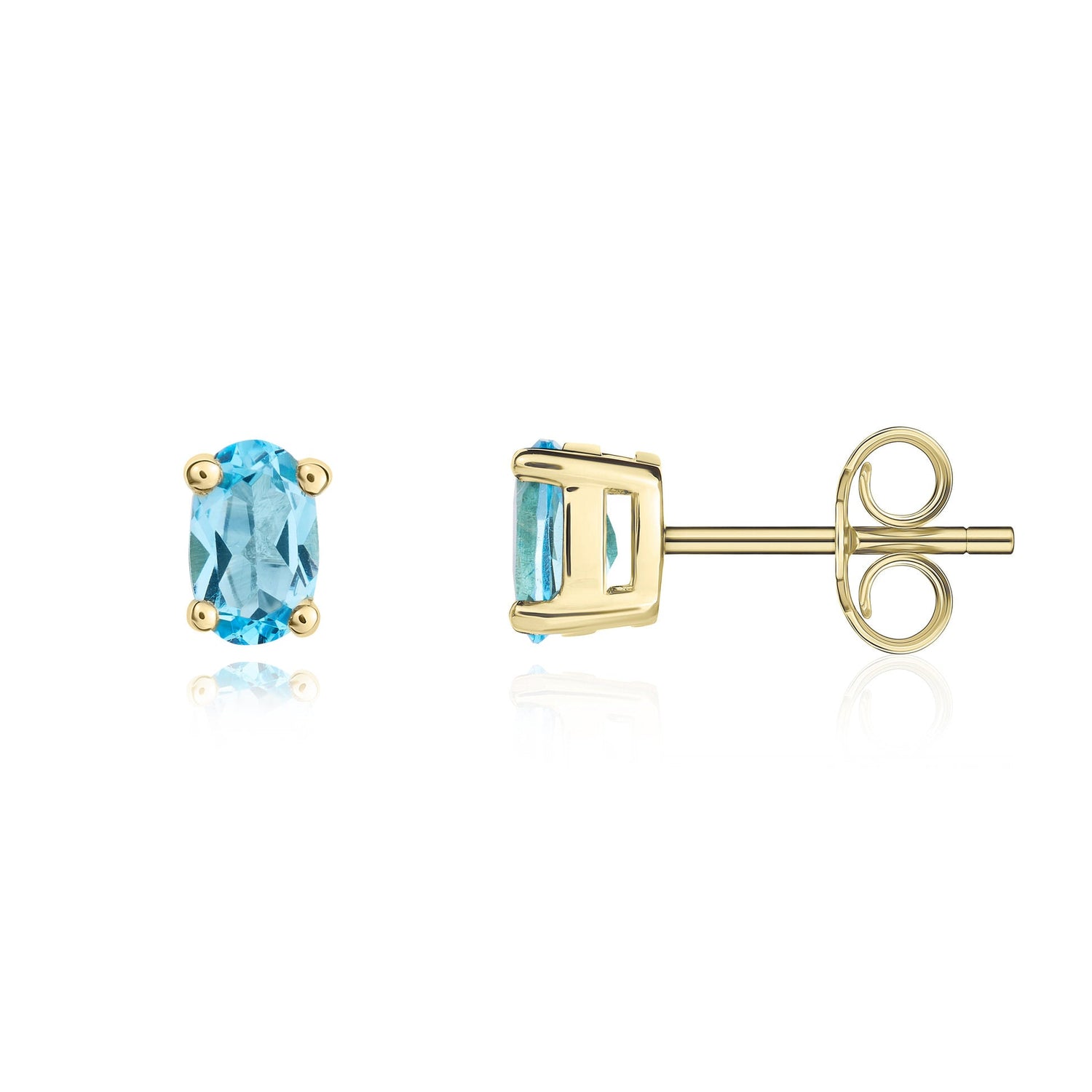 9ct Yellow Gold Oval Natural Swiss Blue Topaz Claw Set Stud Earrings — 6x4mm