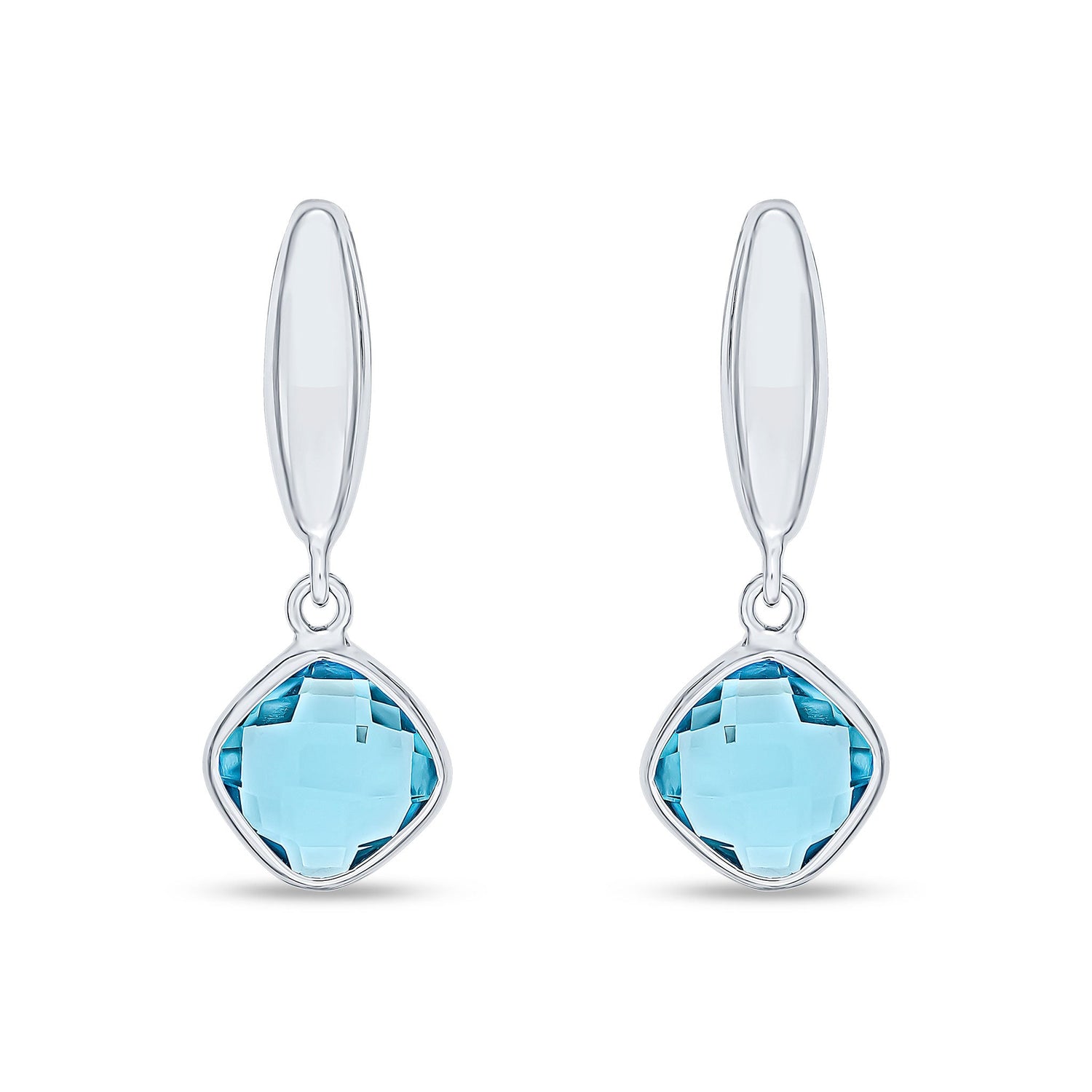9ct White Gold Checkerboard Cushion Natural Blue Topaz Drop Earrings with Polished Torpedo Top — 8x8mm