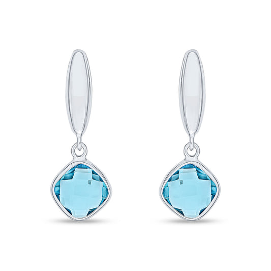 9ct White Gold Checkerboard Cushion Natural Blue Topaz Drop Earrings with Polished Torpedo Top — 8x8mm