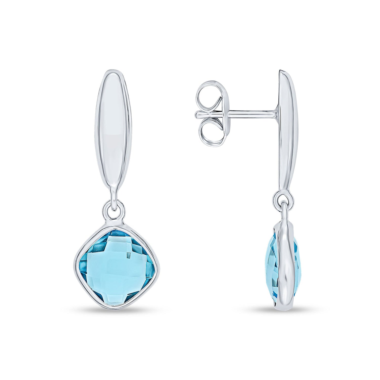 9ct White Gold Checkerboard Cushion Natural Blue Topaz Drop Earrings with Polished Torpedo Top — 8x8mm