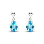9ct White Gold Pear Shaped Natural Swiss Blue Topaz Claw Drop Earrings — 7x5mm