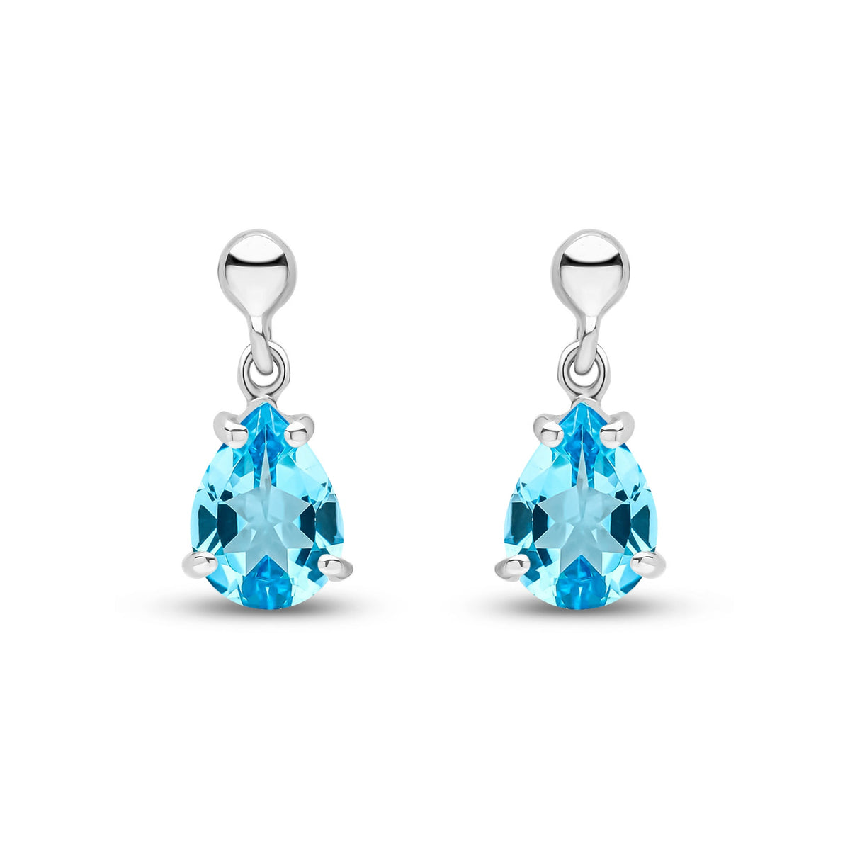 9ct White Gold Pear Shaped Natural Swiss Blue Topaz Claw Drop Earrings — 7x5mm
