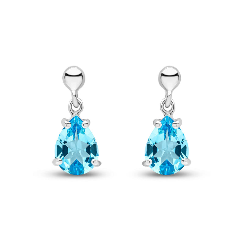 9ct White Gold Pear Shaped Natural Swiss Blue Topaz Claw Drop Earrings — 7x5mm