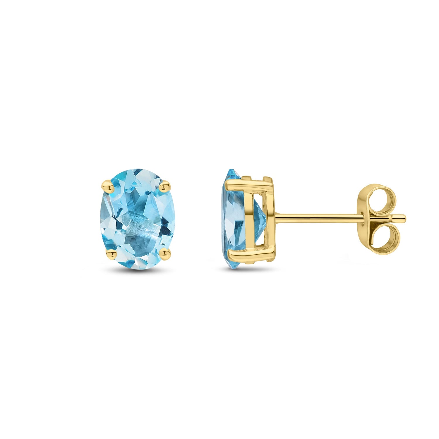 9ct Yellow Gold Oval Natural Swiss Blue Topaz Claw Set Stud Earrings — 8x6mm