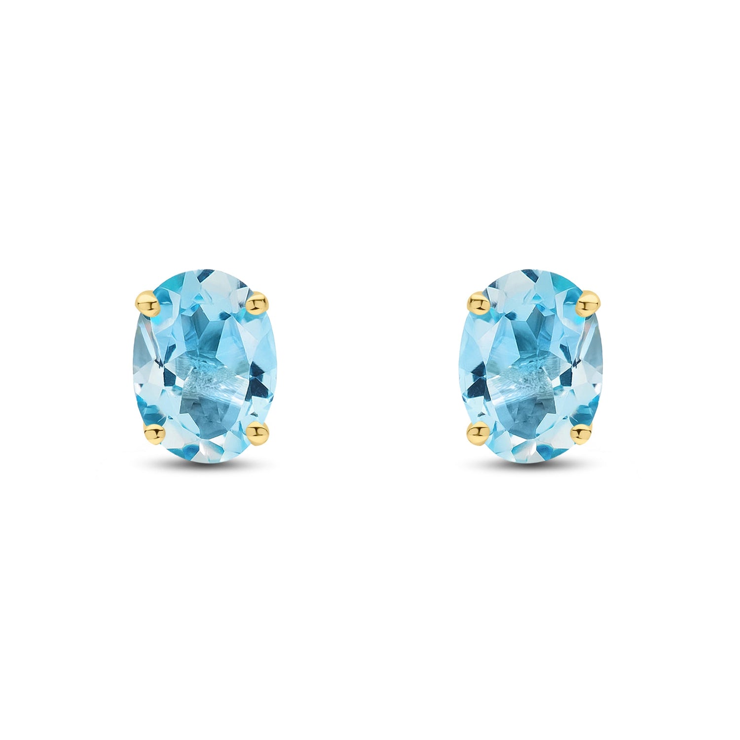 9ct Yellow Gold Oval Natural Swiss Blue Topaz Claw Set Stud Earrings — 8x6mm