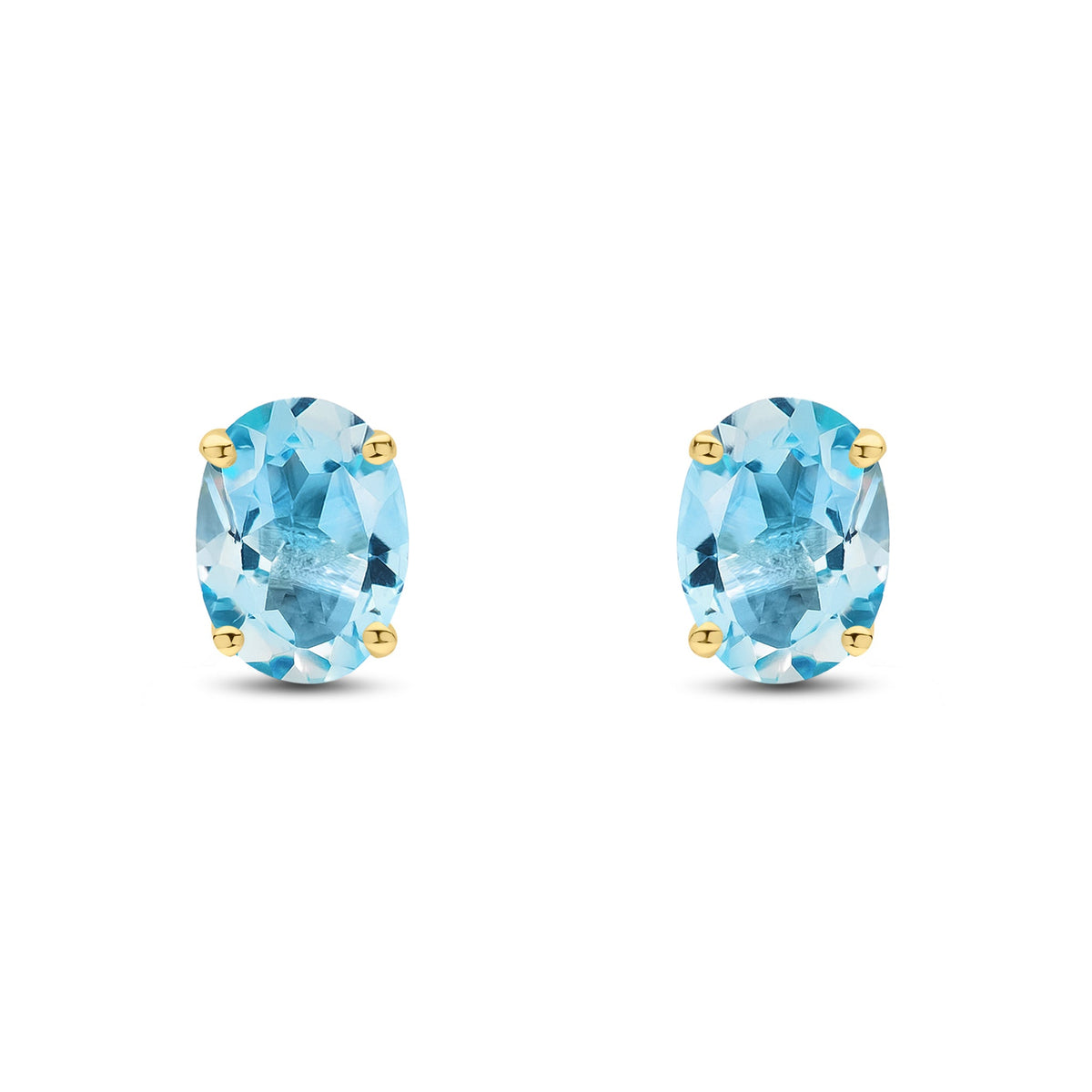 9ct Yellow Gold Oval Natural Swiss Blue Topaz Claw Stud Earrings — 8x6mm