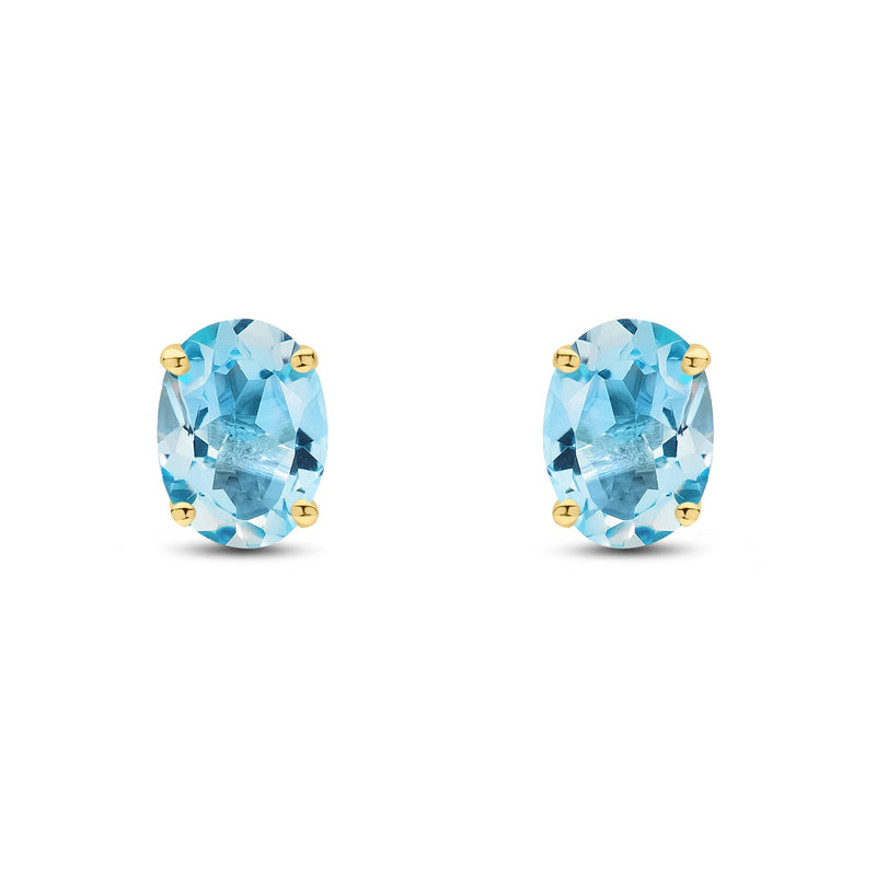 9ct Yellow Gold Oval Natural Swiss Blue Topaz Claw Stud Earrings — 8x6mm